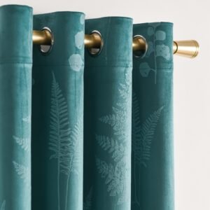 Soft Velvet Curtain, Grommet Top Curtain Green Plants Heat Insulation Blackout Curtains