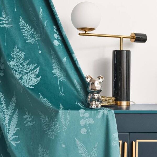 Soft Velvet Curtain, Grommet Top Curtain Green Plants Heat Insulation Blackout Curtains