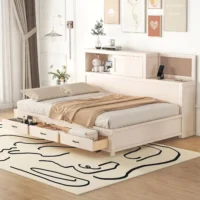 Full Size Daybed with USB Ports and Sockets,Wooden Platform Bed Frame with Storage Drawers and Shelf for Living