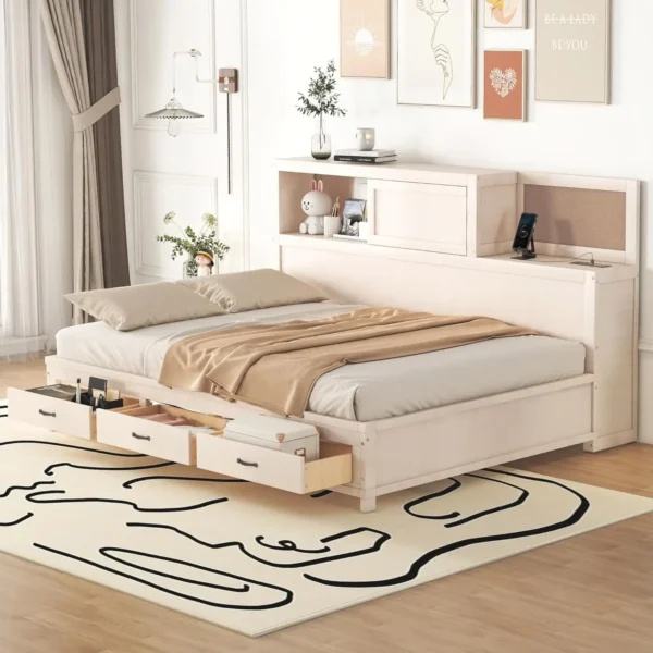 Full Size Daybed with USB Ports and Sockets,Wooden Platform Bed Frame with Storage Drawers and Shelf for Living