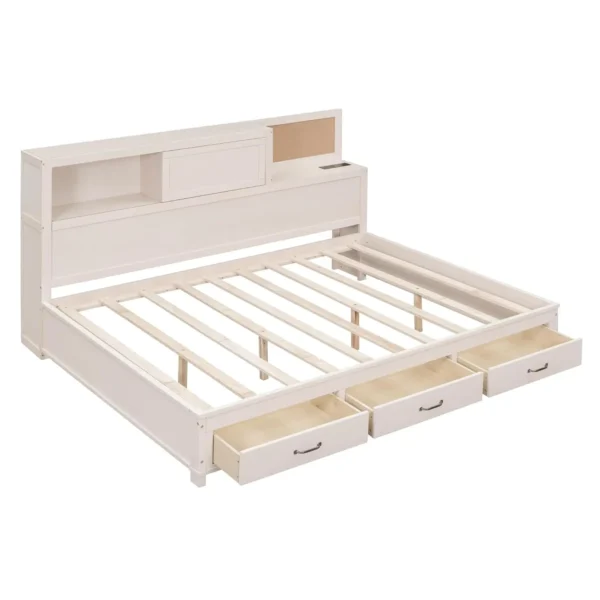 Full Size Daybed with USB Ports and Sockets,Wooden Platform Bed Frame with Storage Drawers and Shelf for Living