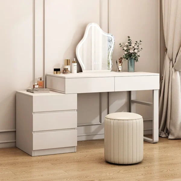 Modern White Wood Makeup Vanity Table with Drawers & 5 Storage Drawers