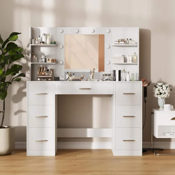 lk-Modern Bedroom Wood Makeup Vanity with LED Light Power Socket and 7 Drawers Elegant Dressing Table with Mirror