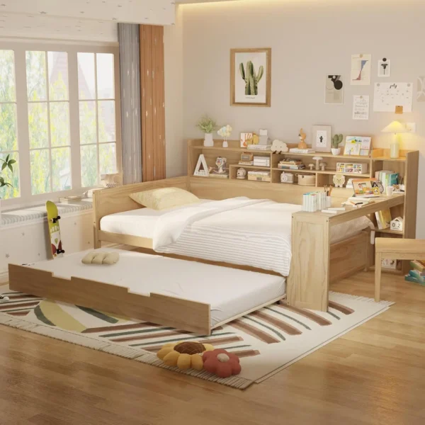 Wooden Full Size Daybed with Storage Shelves, Twin Trundle Bed & Built-in Study Desk, Space-Saving Multi-Functional