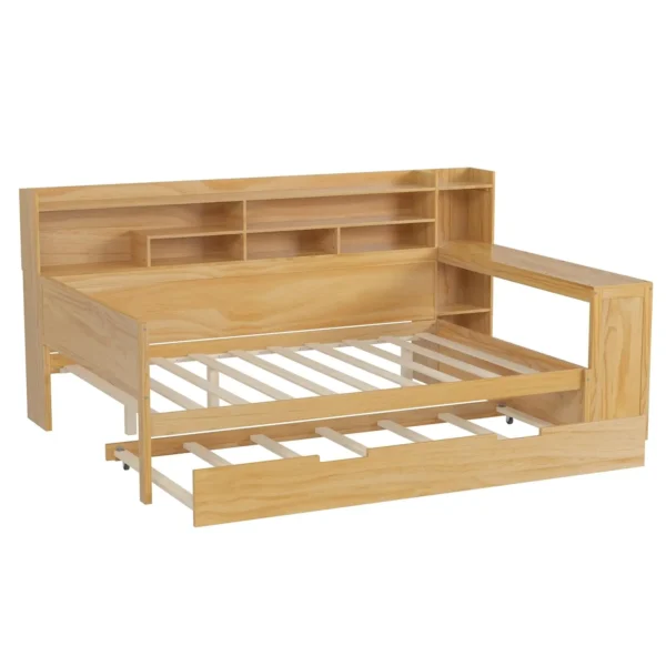 Wooden Full Size Daybed with Storage Shelves, Twin Trundle Bed & Built-in Study Desk, Space-Saving Multi-Functional