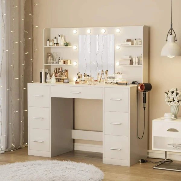 lk-Modern Bedroom Wood Makeup Vanity with LED Light Power Socket and 7 Drawers Elegant Dressing Table with Mirror