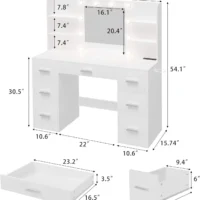 lk-Modern Bedroom Wood Makeup Vanity with LED Light Power Socket and 7 Drawers Elegant Dressing Table with Mirror