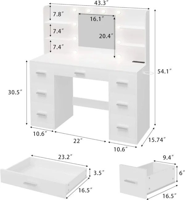 lk-Modern Bedroom Wood Makeup Vanity with LED Light Power Socket and 7 Drawers Elegant Dressing Table with Mirror