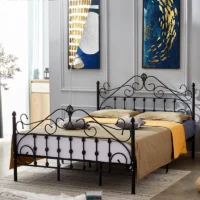 Modern Black Metal Bed Frame with Durable Slat Support – Queen (150×190cm)