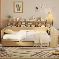 Wooden Full Size Daybed with Storage Shelves, Twin Trundle Bed & Built-in Study Desk, Space-Saving Multi-Functional