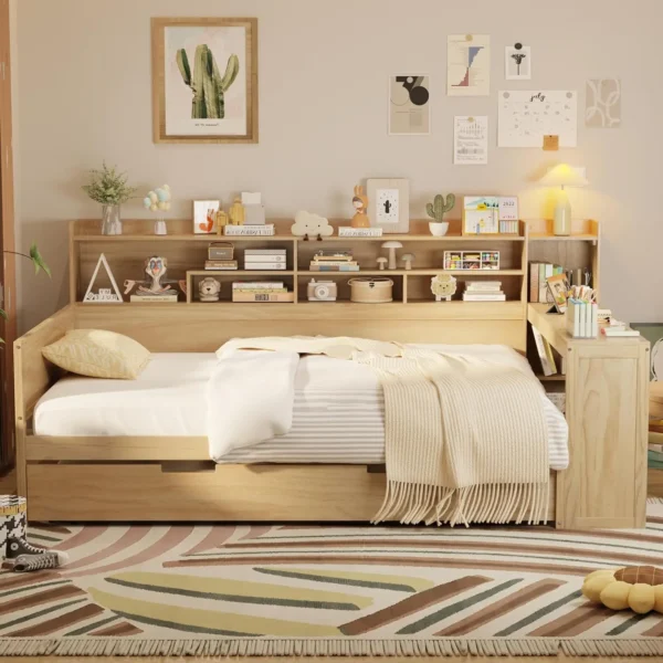 Wooden Full Size Daybed with Storage Shelves, Twin Trundle Bed & Built-in Study Desk, Space-Saving Multi-Functional