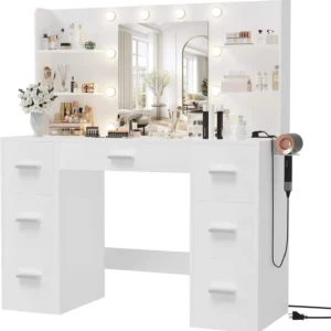 lk-Modern Bedroom Wood Makeup Vanity with LED Light Power Socket and 7 Drawers Elegant Dressing Table with Mirror
