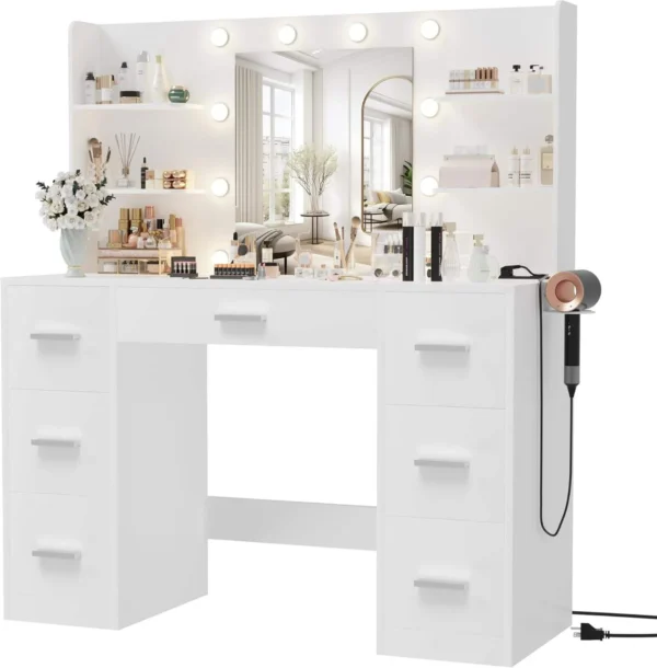 lk-Modern Bedroom Wood Makeup Vanity with LED Light Power Socket and 7 Drawers Elegant Dressing Table with Mirror