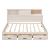 Full Size Daybed with USB Ports and Sockets,Wooden Platform Bed Frame with Storage Drawers and Shelf for Living