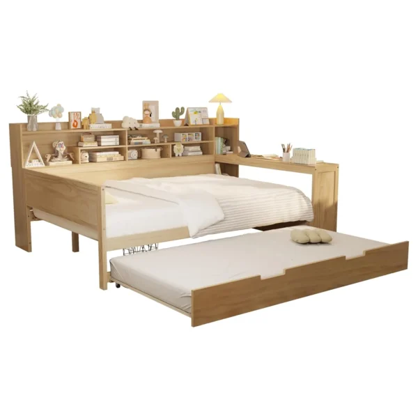 Wooden Full Size Daybed with Storage Shelves, Twin Trundle Bed & Built-in Study Desk, Space-Saving Multi-Functional