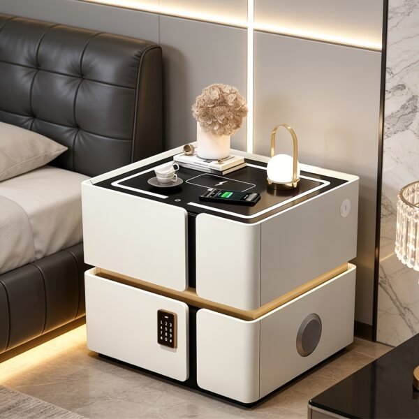 Unique Furniture, Solid Wood Smart Bedside Table, Minimalist Modern Bedroom Cabinet with Combination Lock, Storage Floor-Standing Bedside Table
